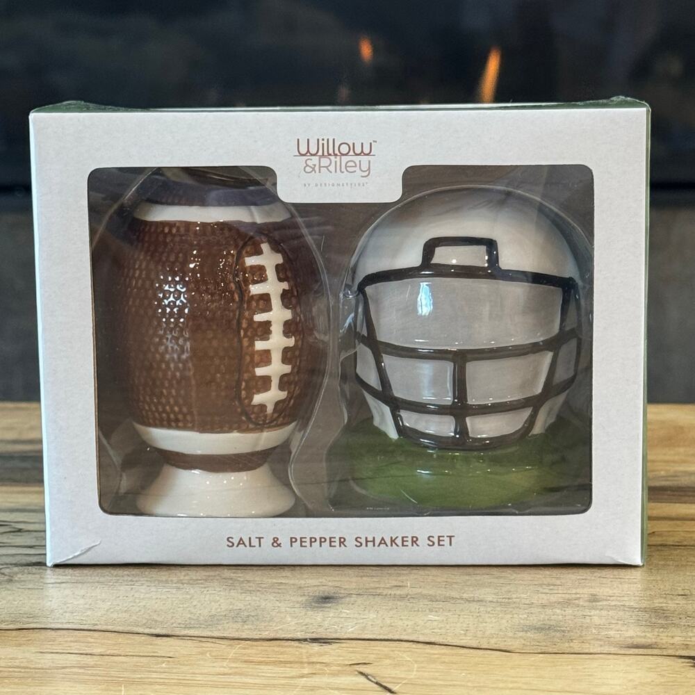 Willow & Riley Football & Helmet Ceramic Salt & Pepper Shaker Set NIB